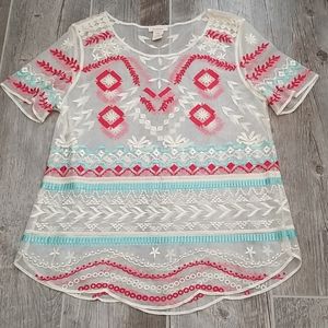 Sundance Embroidered Boho Sheer Top L